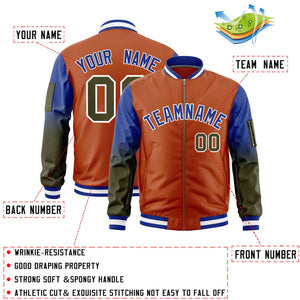 Custom Texas Orange Royal-Olive Gaglan Sleeve Gradient Varsity Full-Zip Letterman Bomber Jacket