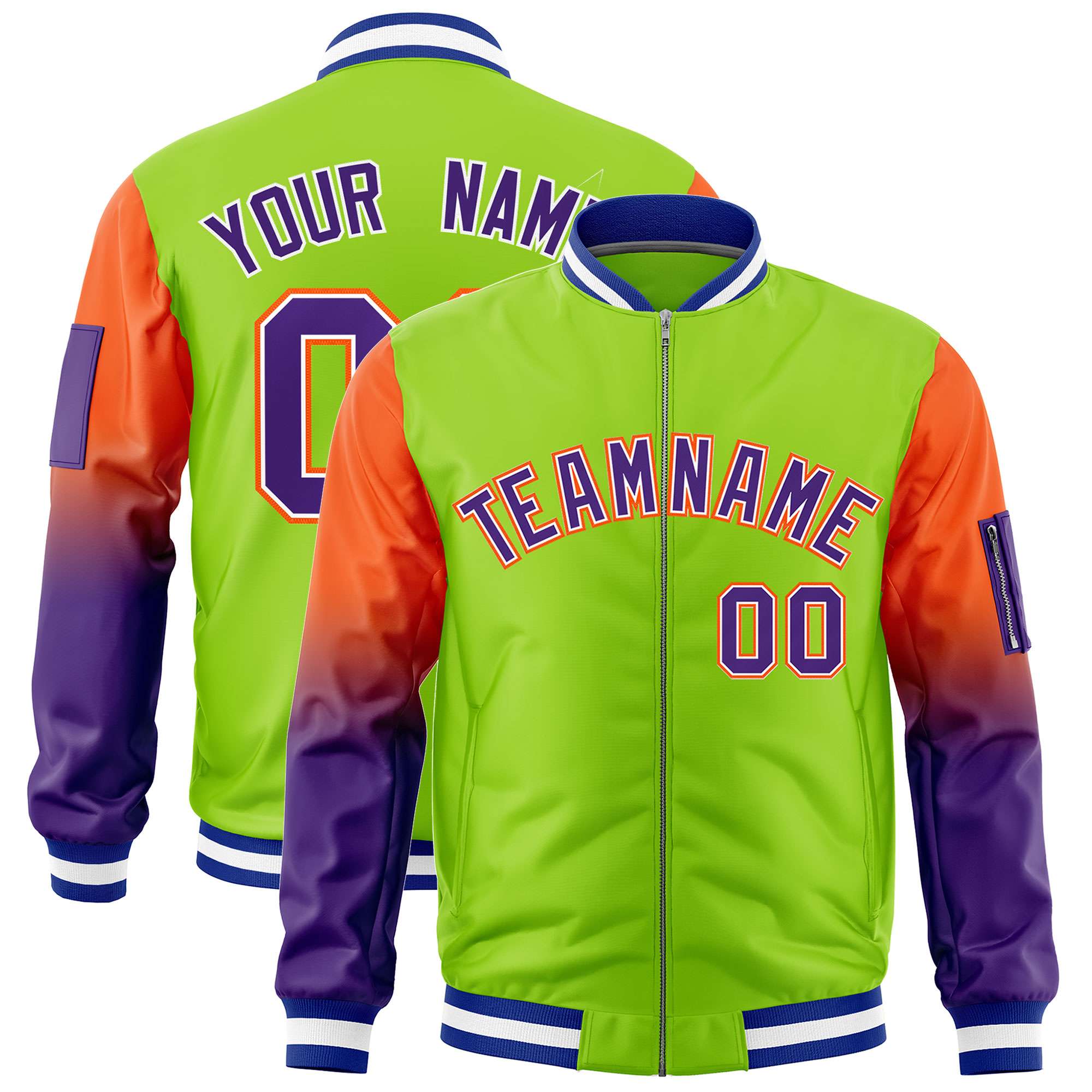 Custom Neon Green Orange-Purple Gaglan Sleeve Gradient Varsity Full-Zip Letterman Bomber Jacket