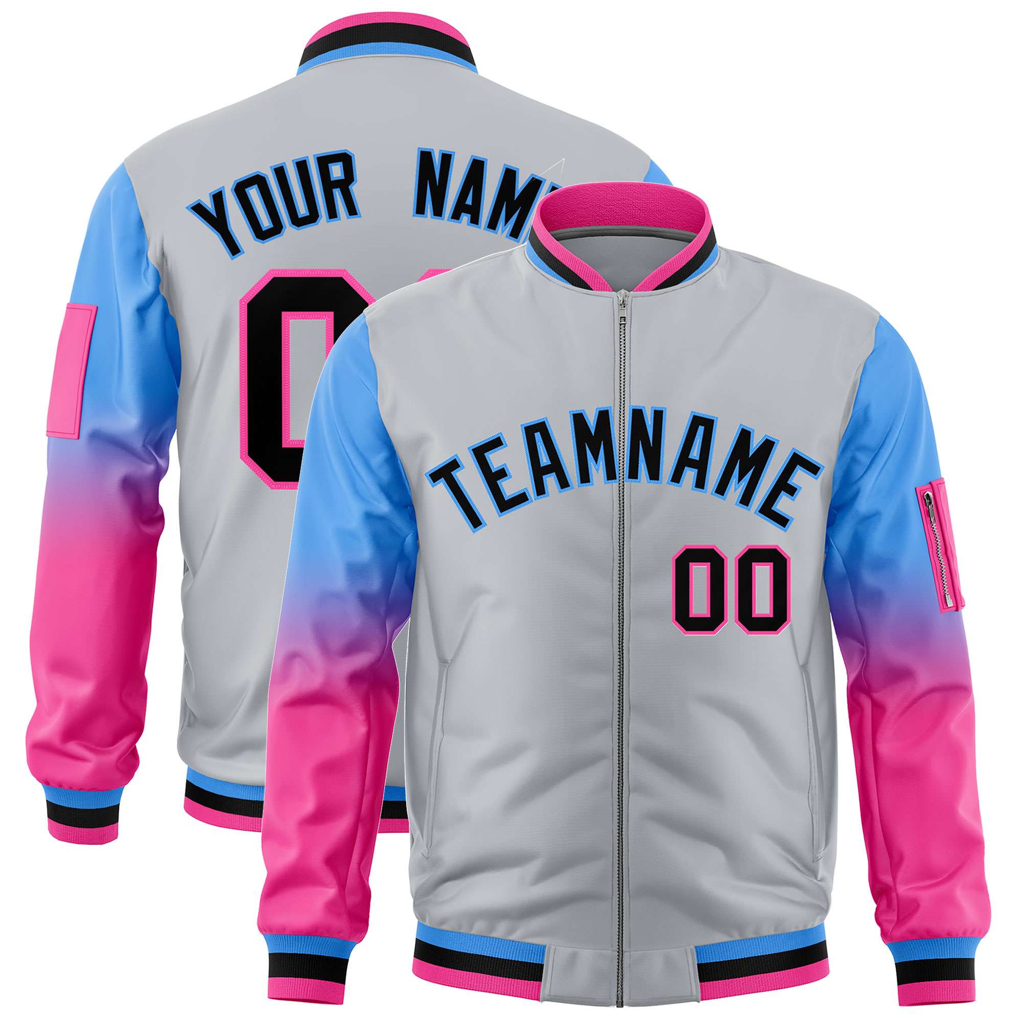 Custom Silver Powder Blue-Pink Gaglan Sleeve Gradient Varsity Full-Zip Letterman Bomber Jacket