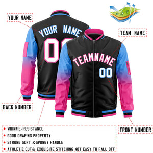 Custom Black Powder Blue-Pink Gaglan Sleeve Gradient Varsity Full-Zip Letterman Bomber Jacket