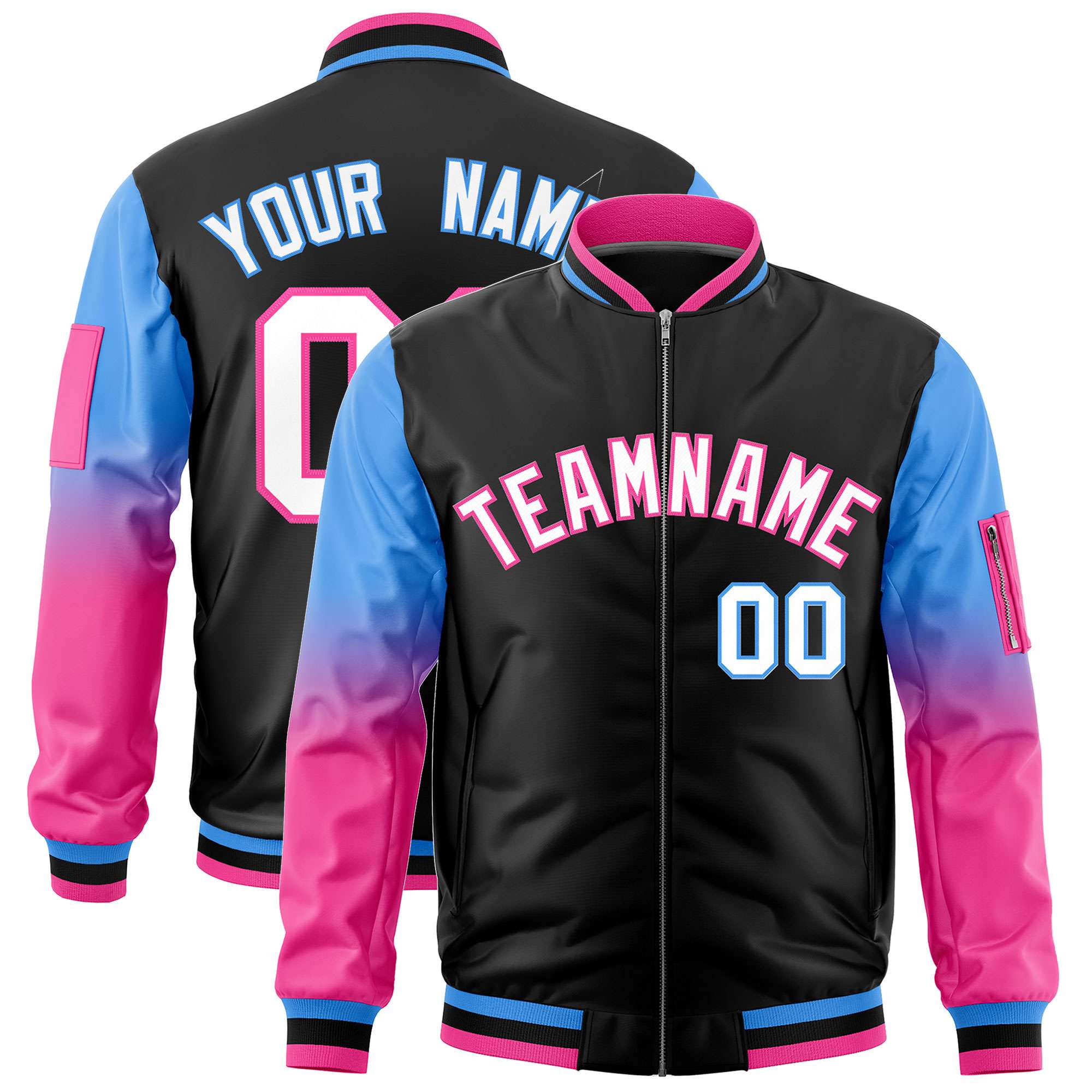 Custom Black Powder Blue-Pink Gaglan Sleeve Gradient Varsity Full-Zip Letterman Bomber Jacket