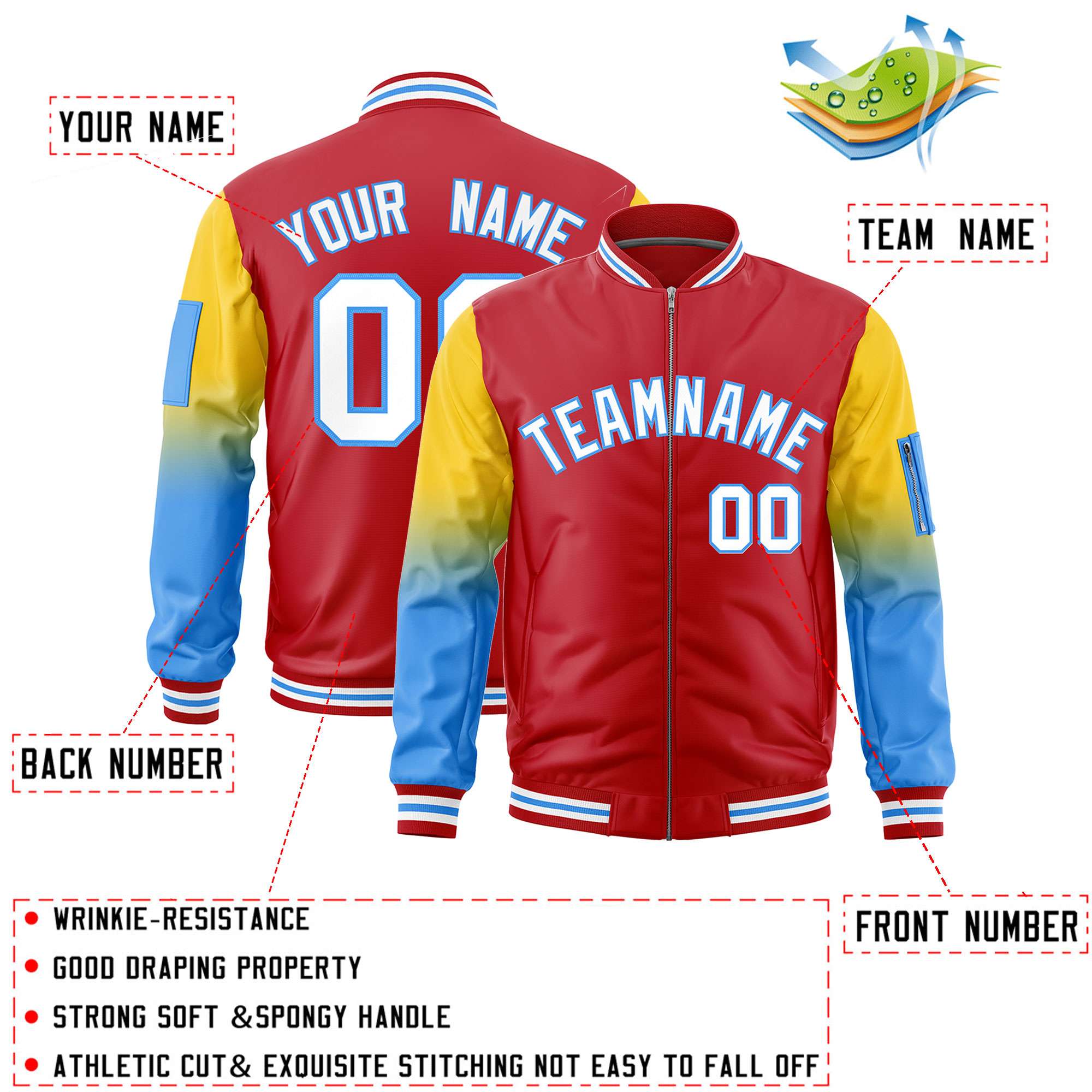 Custom Red Gold-Powder Blue Gaglan Sleeve Gradient Varsity Full-Zip Letterman Bomber Jacket