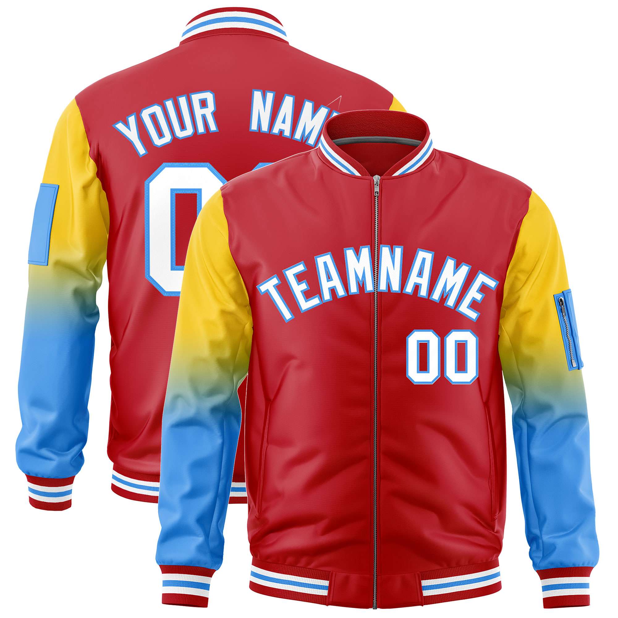 Custom Red Gold-Powder Blue Gaglan Sleeve Gradient Varsity Full-Zip Letterman Bomber Jacket