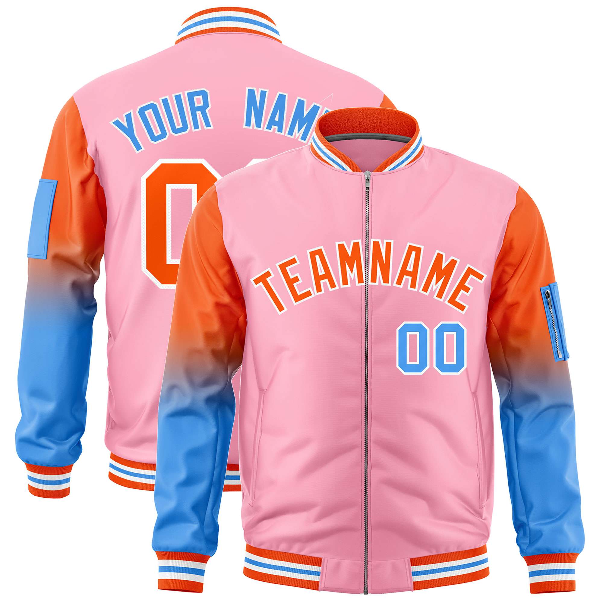 Custom Light Pink Orange-Powder Blue Gaglan Sleeve Gradient Varsity Full-Zip Letterman Bomber Jacket