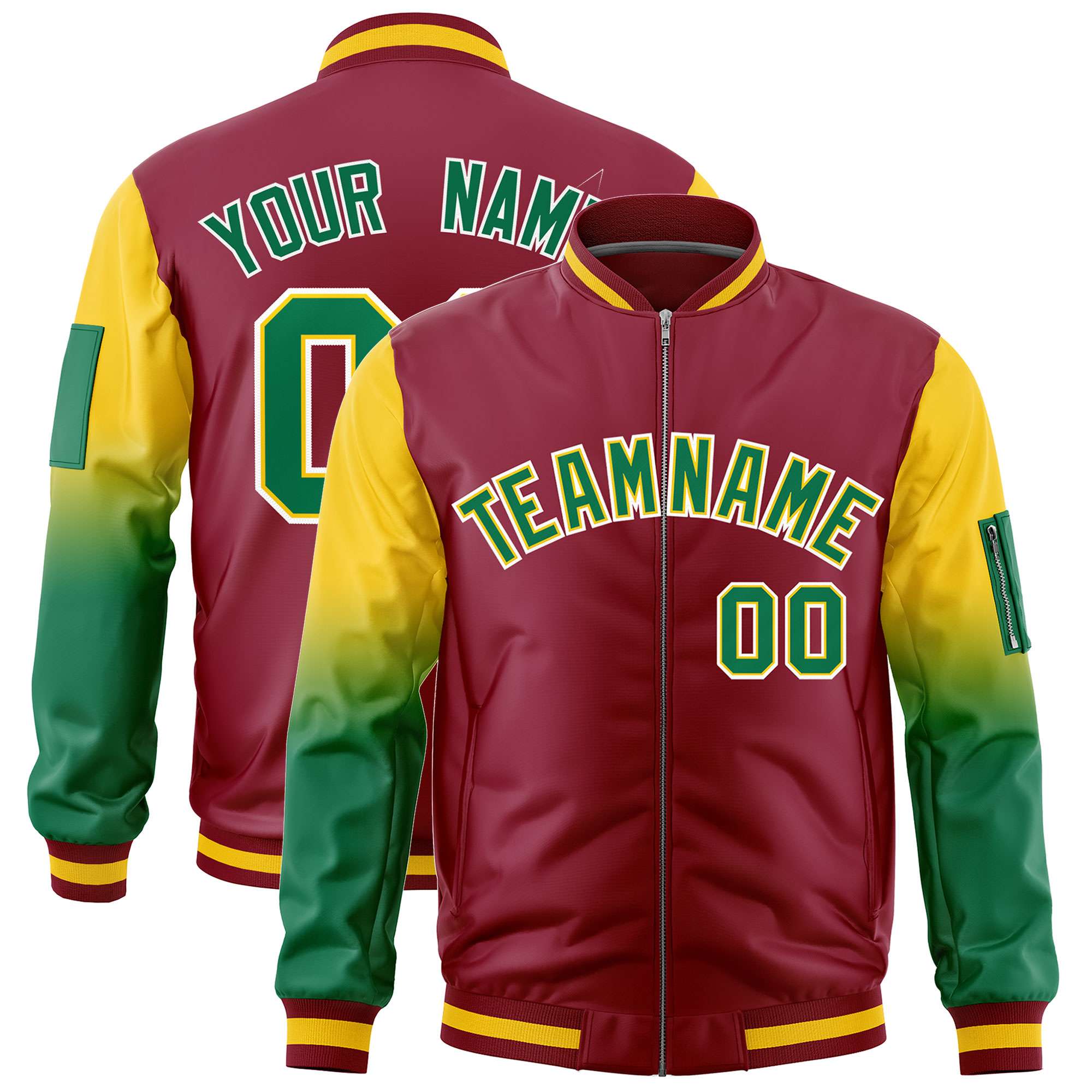 Custom Crimson Gold-Kelly Green Gaglan Sleeve Gradient Varsity Full-Zip Letterman Bomber Jacket