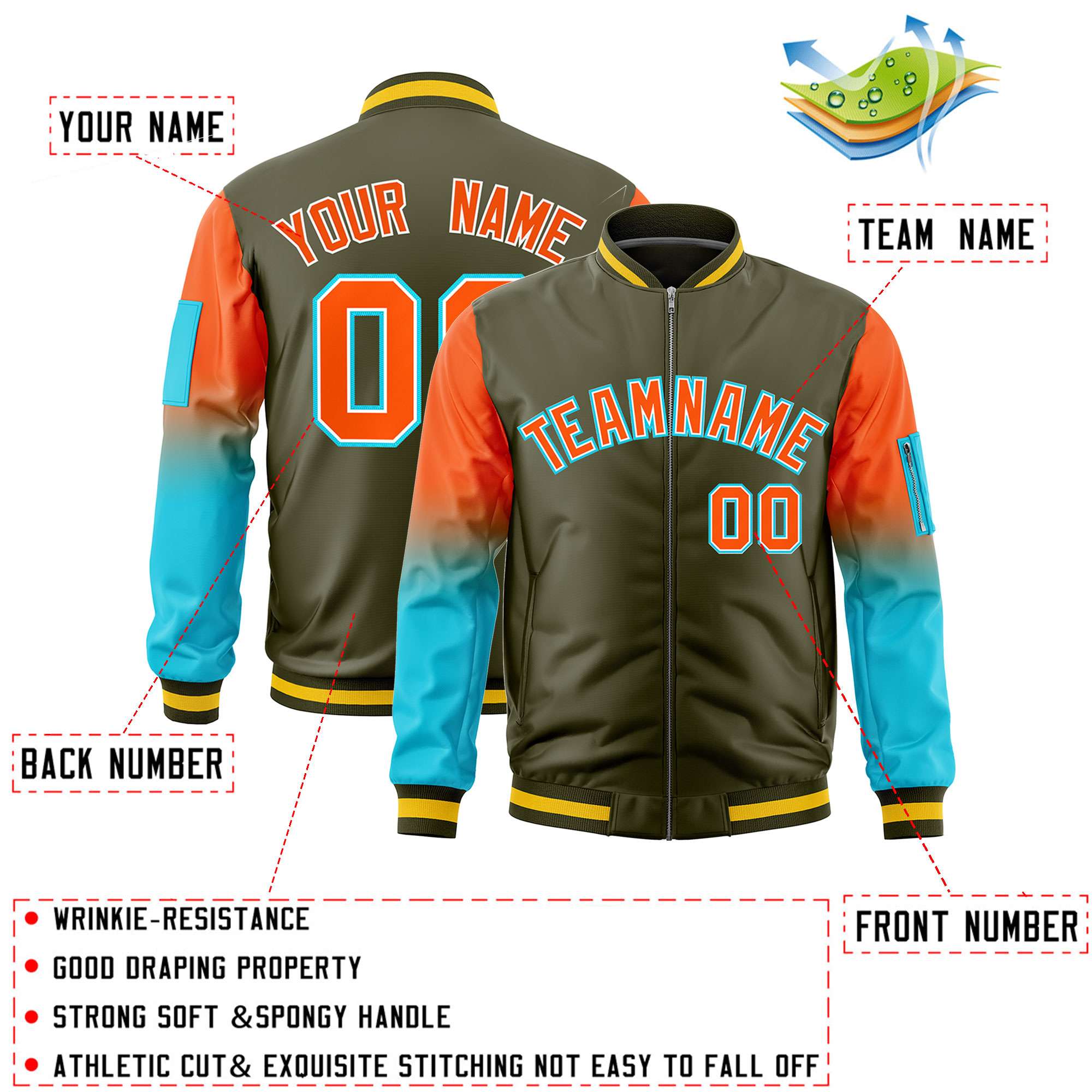 Custom Olive Orange-Sky Blue Gaglan Sleeve Gradient Varsity Full-Zip Letterman Bomber Jacket