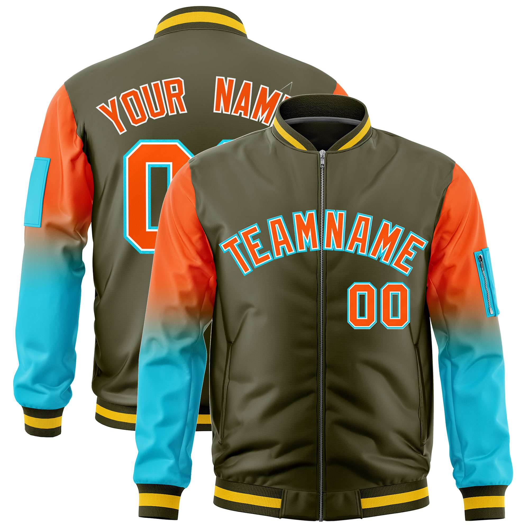 Custom Olive Orange-Sky Blue Gaglan Sleeve Gradient Varsity Full-Zip Letterman Bomber Jacket