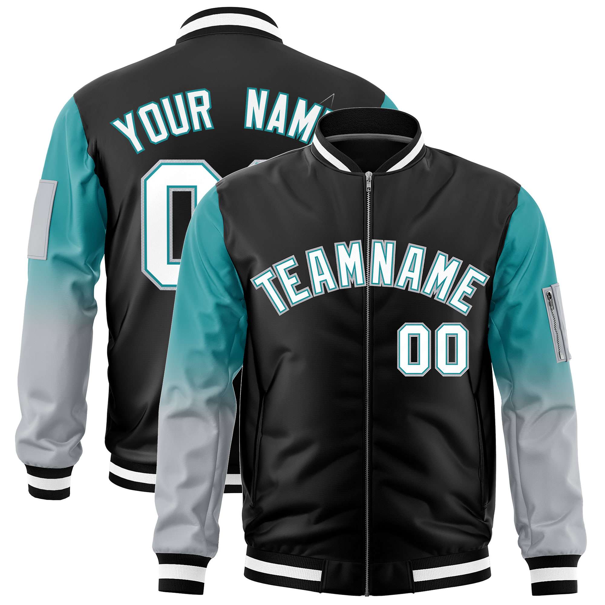 Custom Black Aqua-Silver Gaglan Sleeve Gradient Varsity Full-Zip Letterman Bomber Jacket