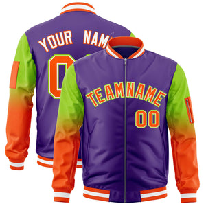 Custom Purple Neon Green-Orange Gaglan Sleeve Gradient Varsity Full-Zip Letterman Bomber Jacket