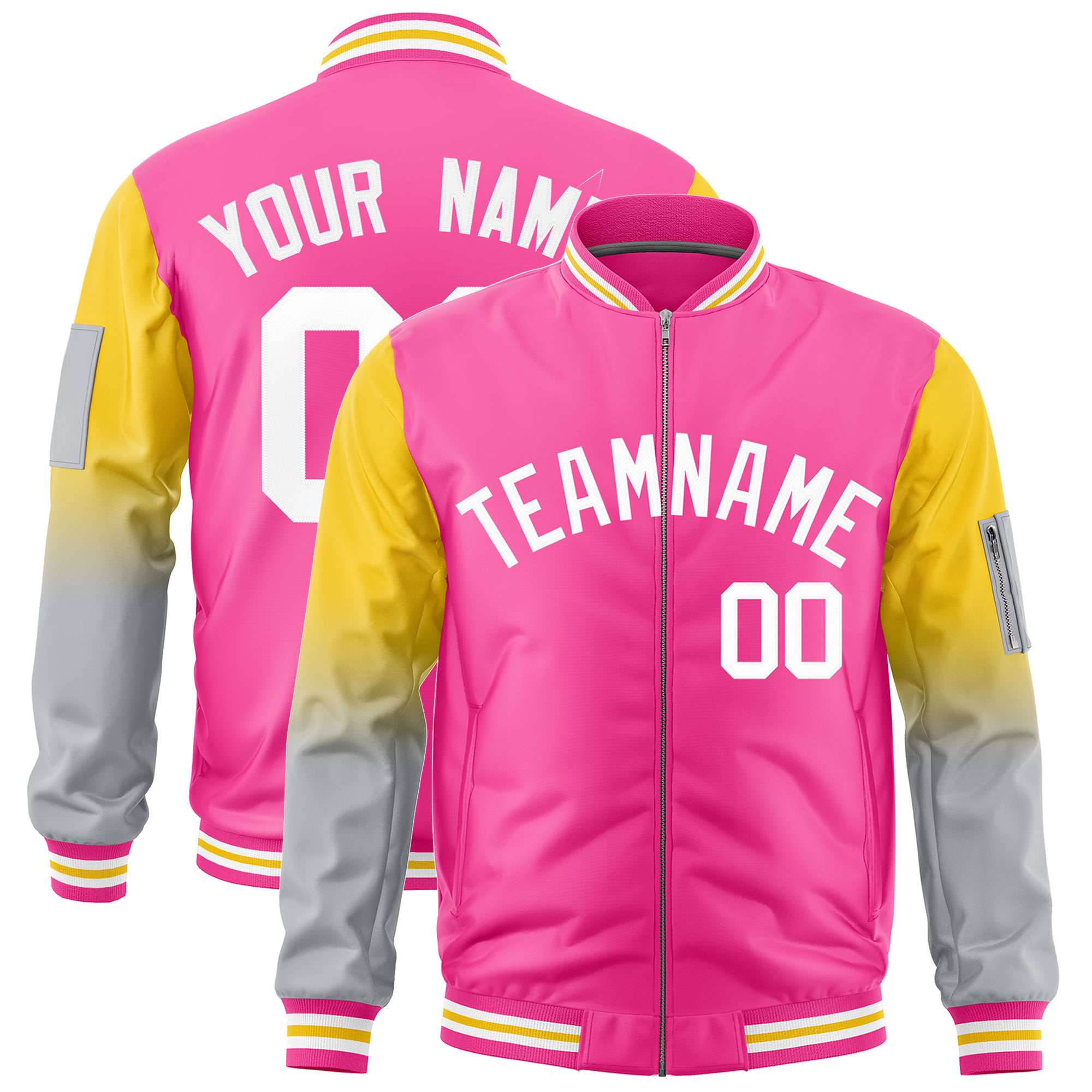 Custom Pink Gold-Silver Gaglan Sleeve Gradient Varsity Full-Zip Letterman Bomber Jacket