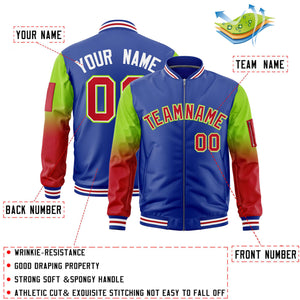 Custom Royal Neon Green-Red Gaglan Sleeve Gradient Varsity Full-Zip Letterman Bomber Jacket