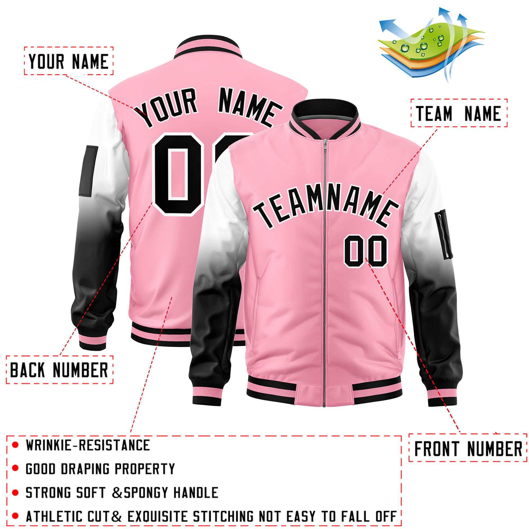 Custom Light Pink White-Black Gaglan Sleeve Gradient Varsity Full-Zip Letterman Bomber Jacket