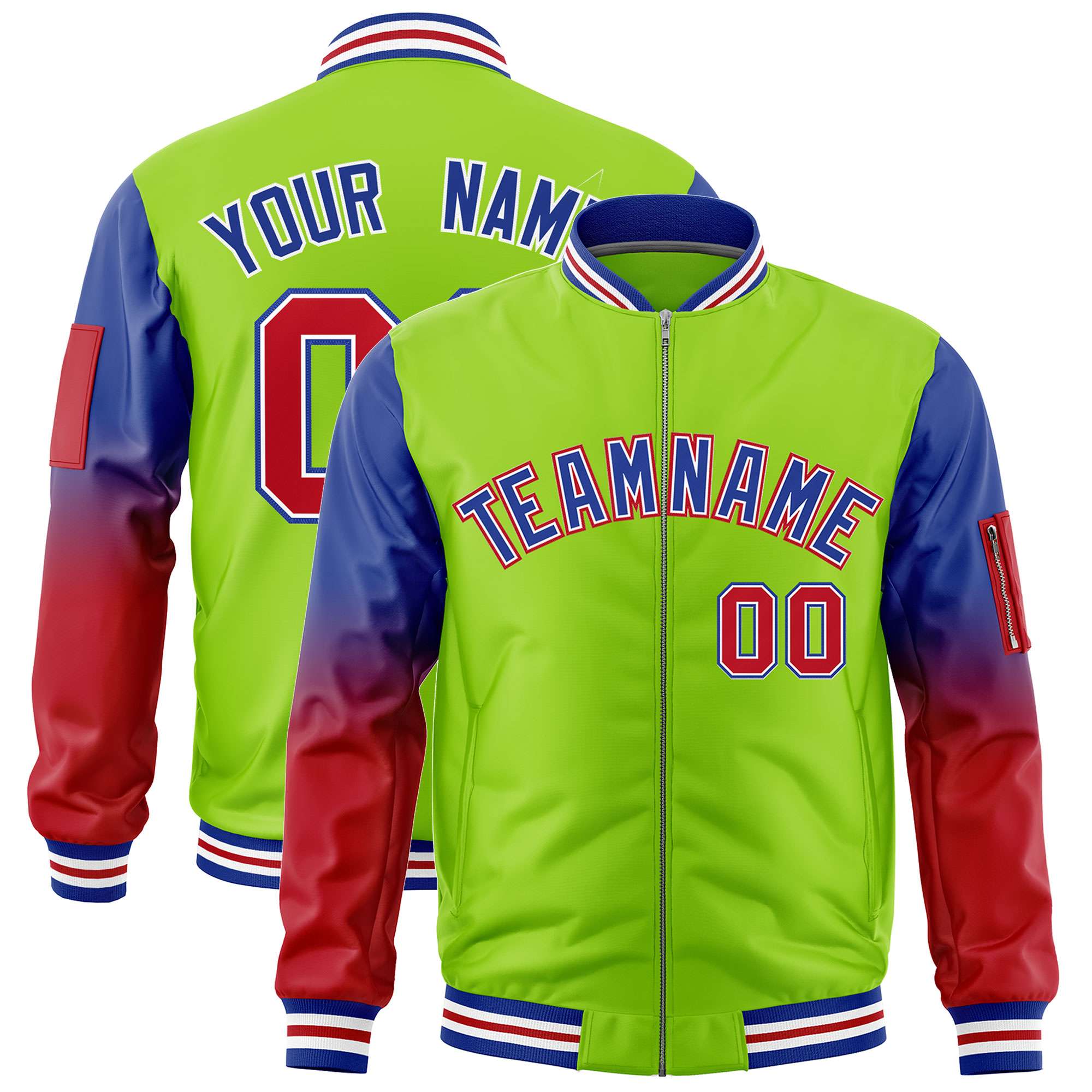 Custom Neon Green Royal-Red Gaglan Sleeve Gradient Varsity Full-Zip Letterman Bomber Jacket