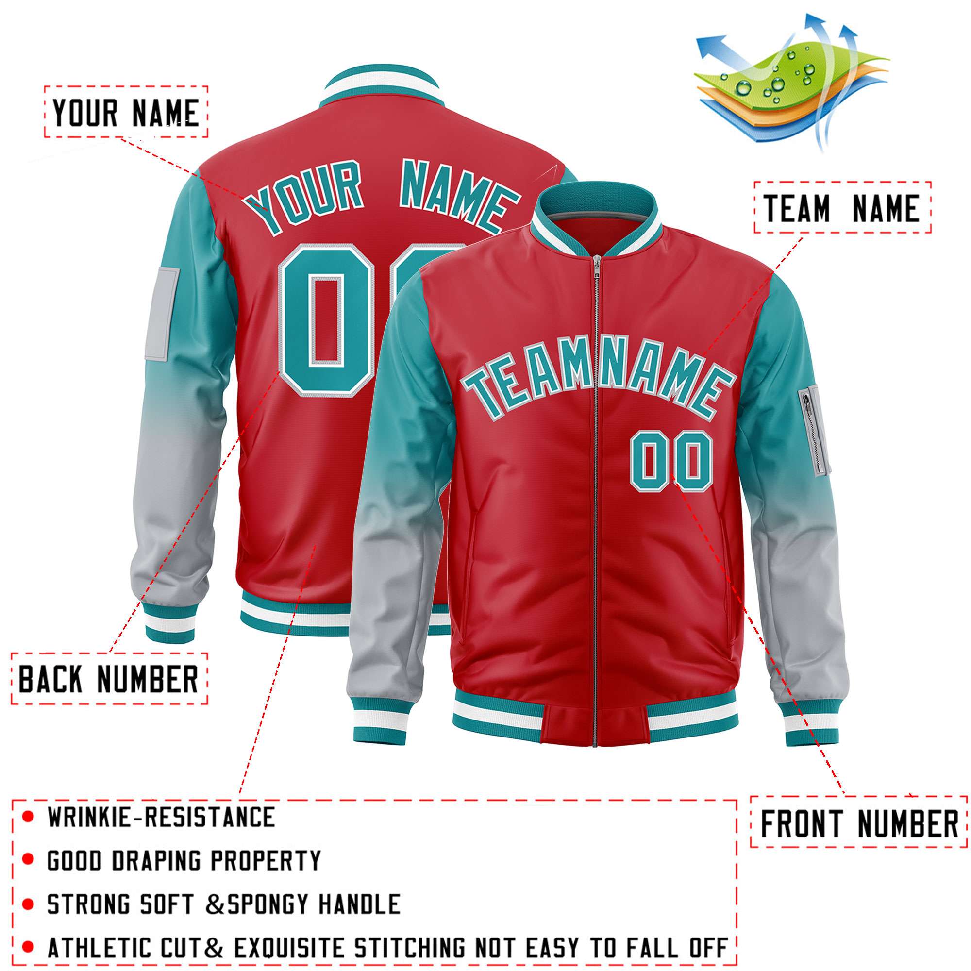 Custom Red Aqua-Silver Gaglan Sleeve Gradient Varsity Full-Zip Letterman Bomber Jacket