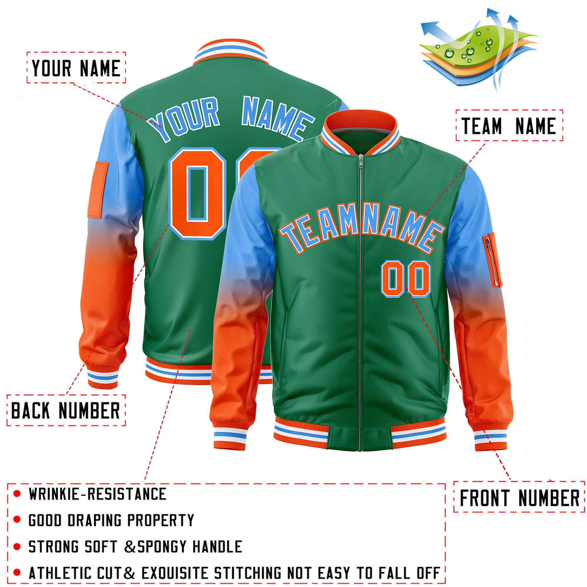 Custom Kelly Green Powder Blue-Orange Gaglan Sleeve Gradient Varsity Full-Zip Letterman Bomber Jacket