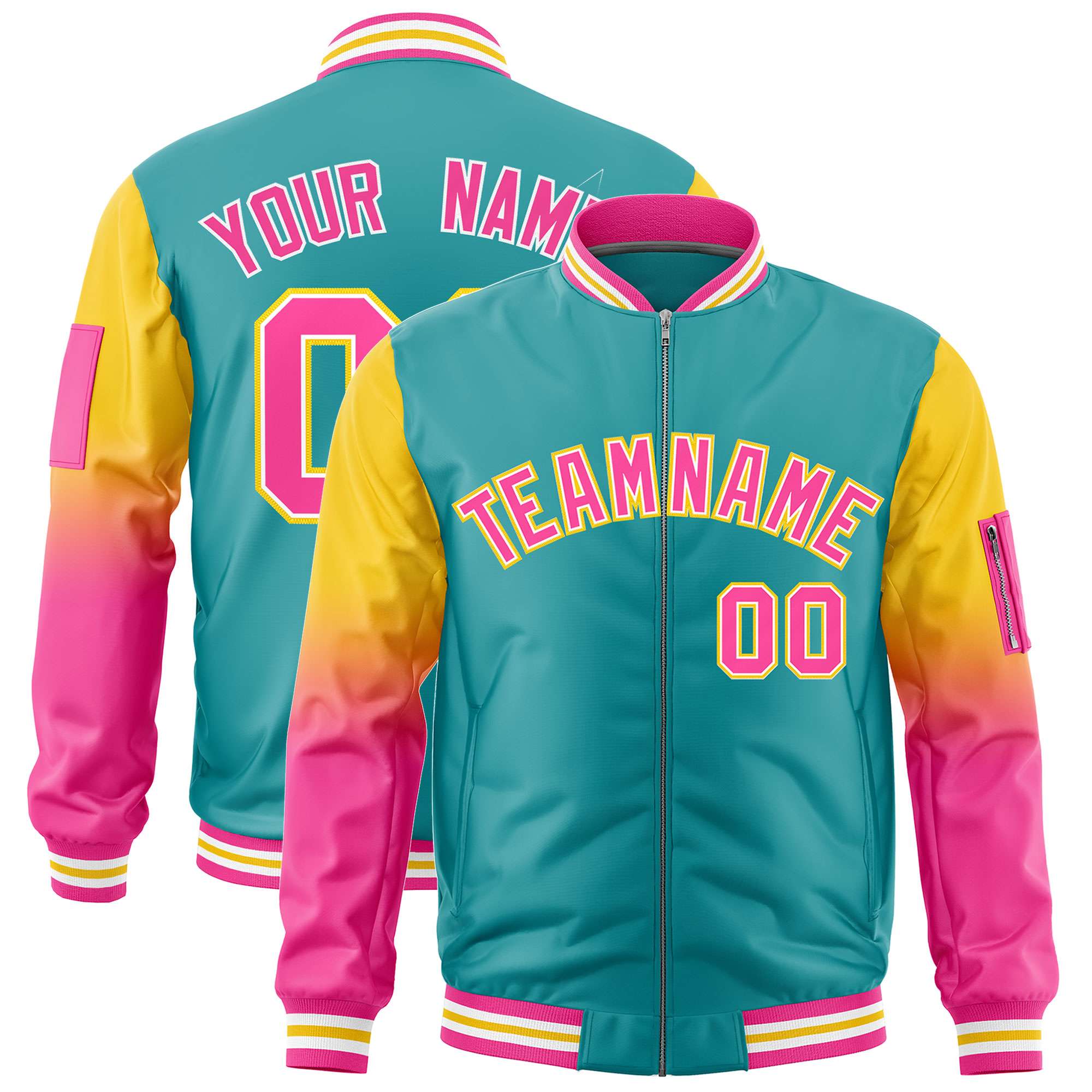 Custom Aqua Gold-Pink Gaglan Sleeve Gradient Varsity Full-Zip Letterman Bomber Jacket