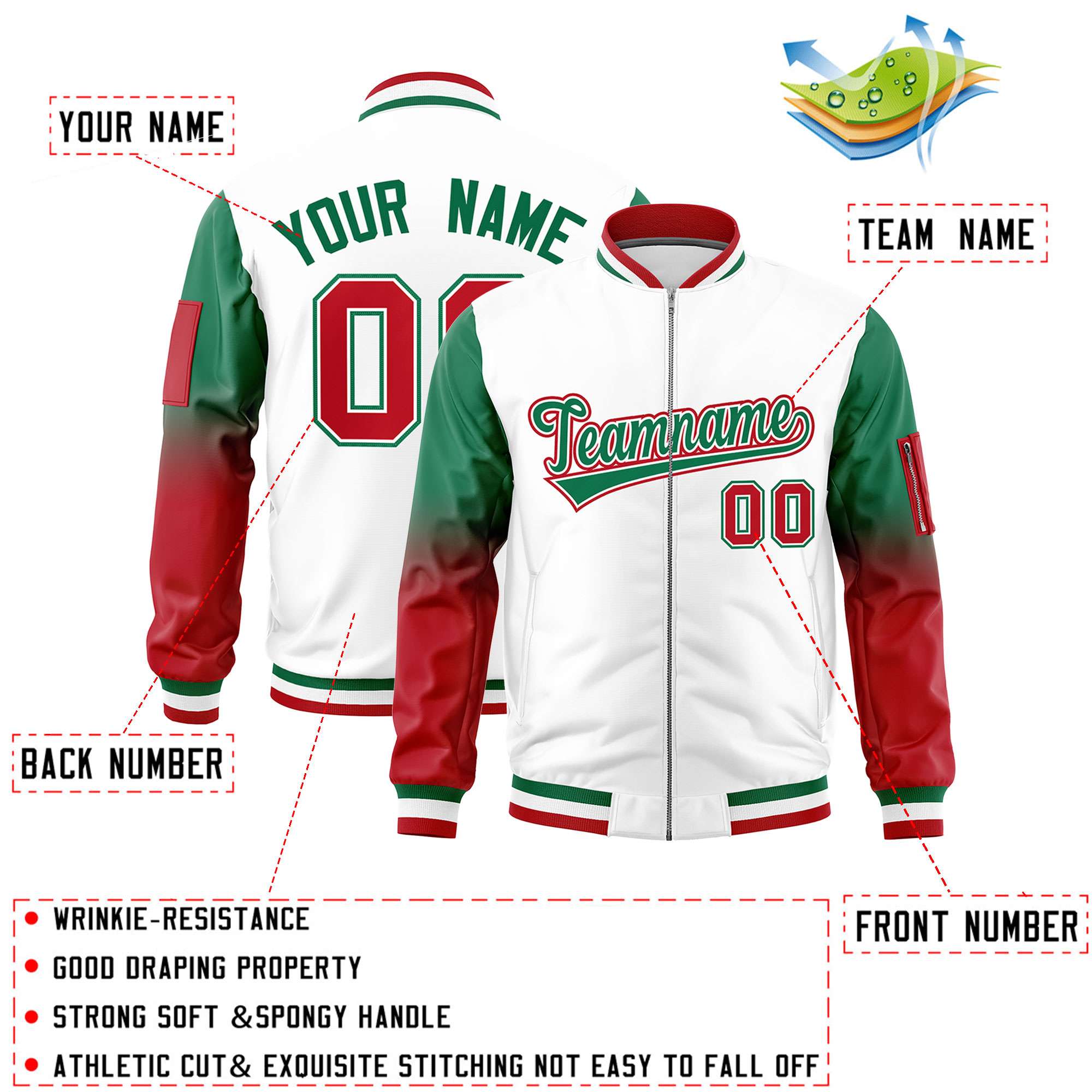 Custom White Kelly Green-Red Gaglan Sleeve Gradient Varsity Full-Zip Letterman Bomber Jacket