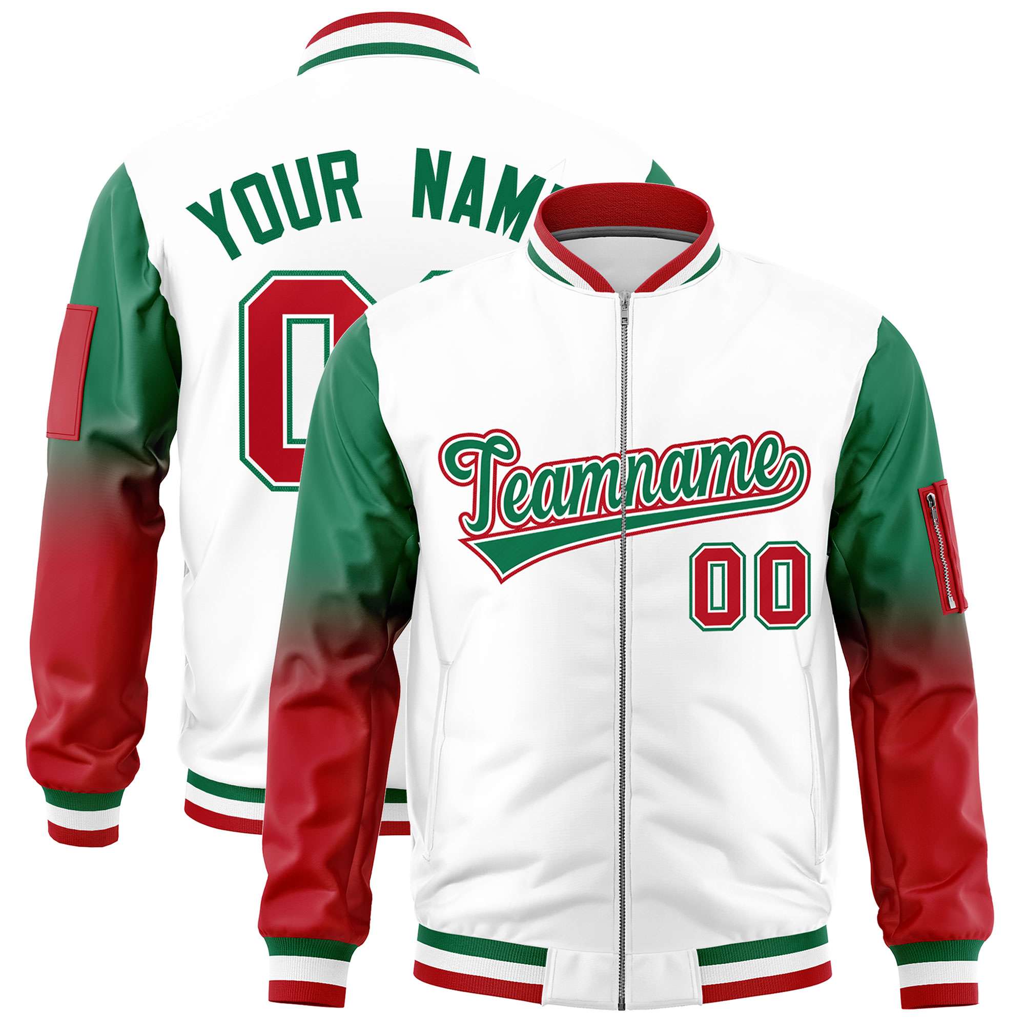 Custom White Kelly Green-Red Gaglan Sleeve Gradient Varsity Full-Zip Letterman Bomber Jacket