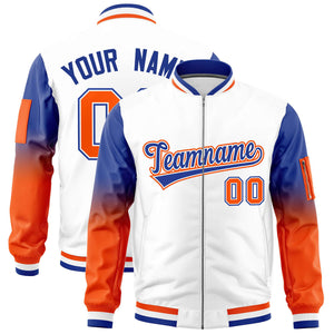 Custom White Royal-Orange Gaglan Sleeve Gradient Varsity Full-Zip Letterman Bomber Jacket