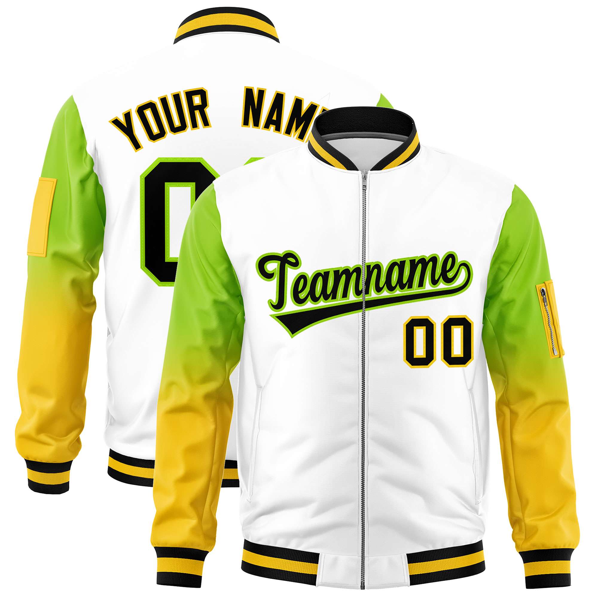 Custom White Neon Green-Gold Gaglan Sleeve Gradient Varsity Full-Zip Letterman Bomber Jacket