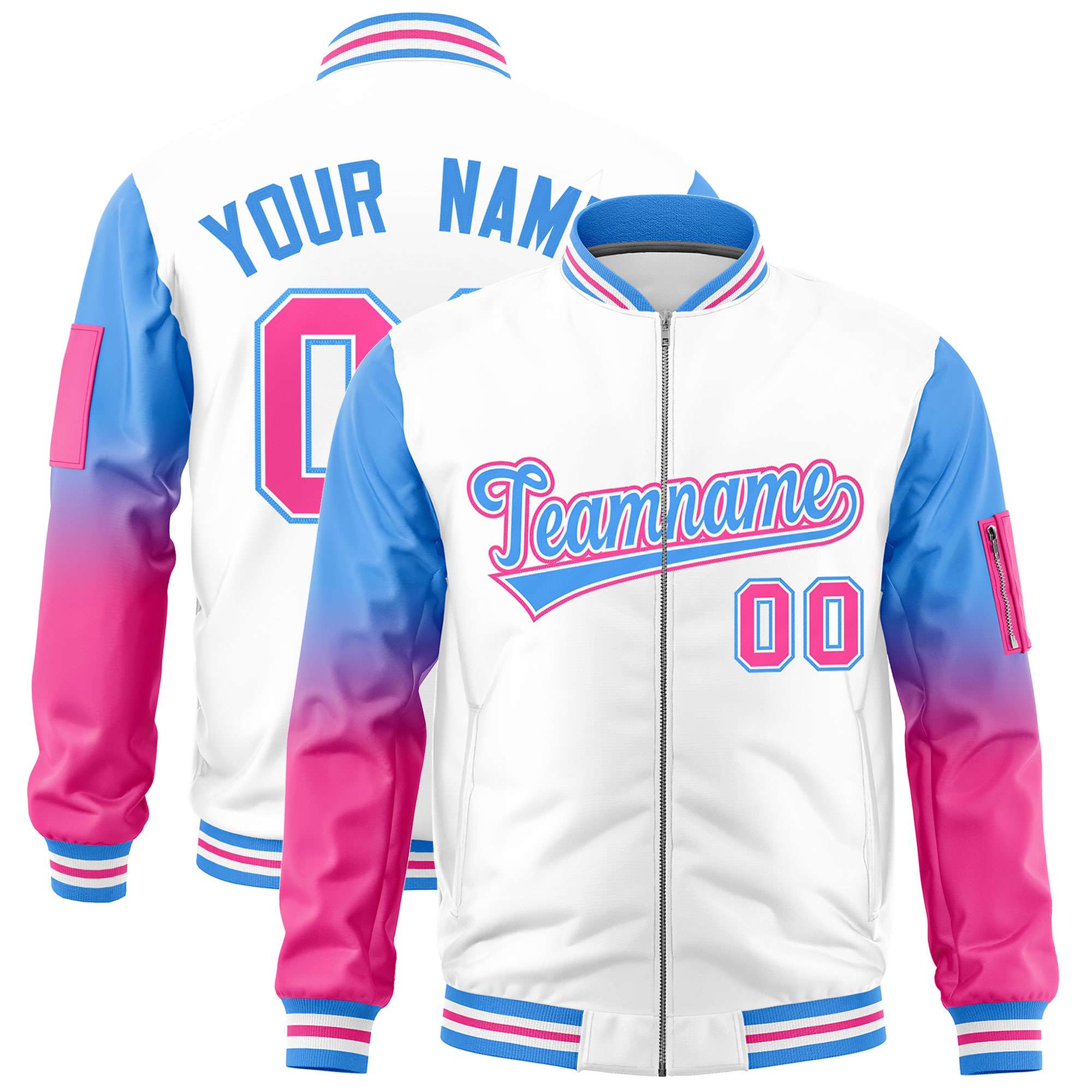 Custom White Powder Blue-Pink Gaglan Sleeve Gradient Varsity Full-Zip Letterman Bomber Jacket