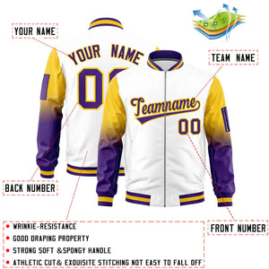 Custom White Gold-Purple Gaglan Sleeve Gradient Varsity Full-Zip Letterman Bomber Jacket