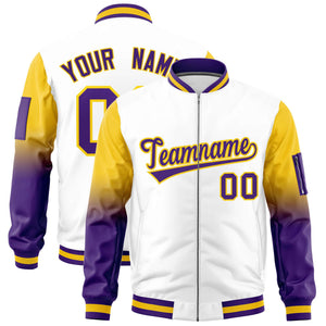 Custom White Gold-Purple Gaglan Sleeve Gradient Varsity Full-Zip Letterman Bomber Jacket