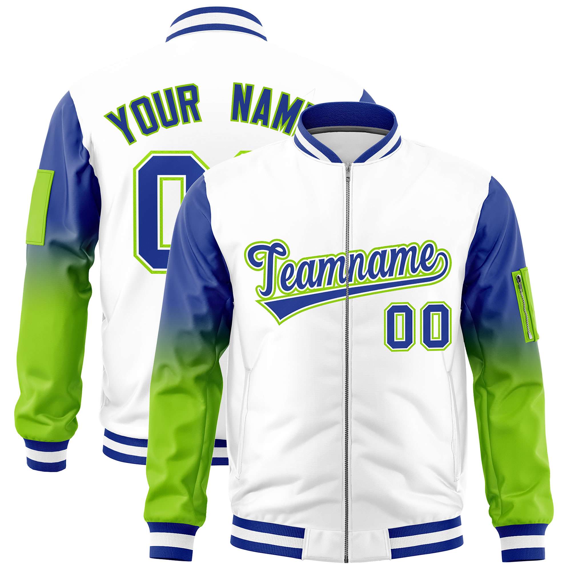 Custom White Royal-Neon Green Gaglan Sleeve Gradient Varsity Full-Zip Letterman Bomber Jacket