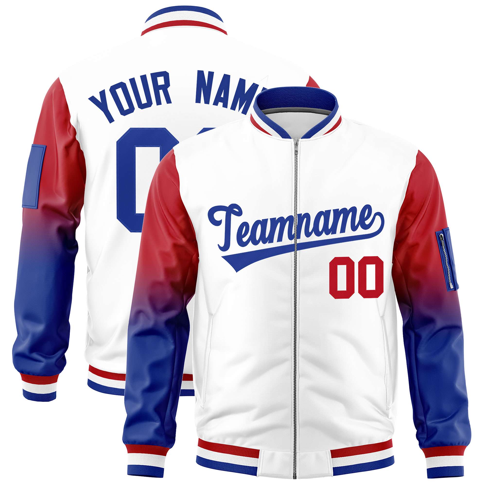 Custom White Red-Royal Gaglan Sleeve Gradient Varsity Full-Zip Letterman Bomber Jacket