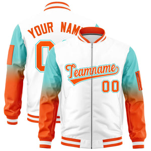 Custom White Bright Green-Orange Gaglan Sleeve Gradient Varsity Full-Zip Letterman Bomber Jacket