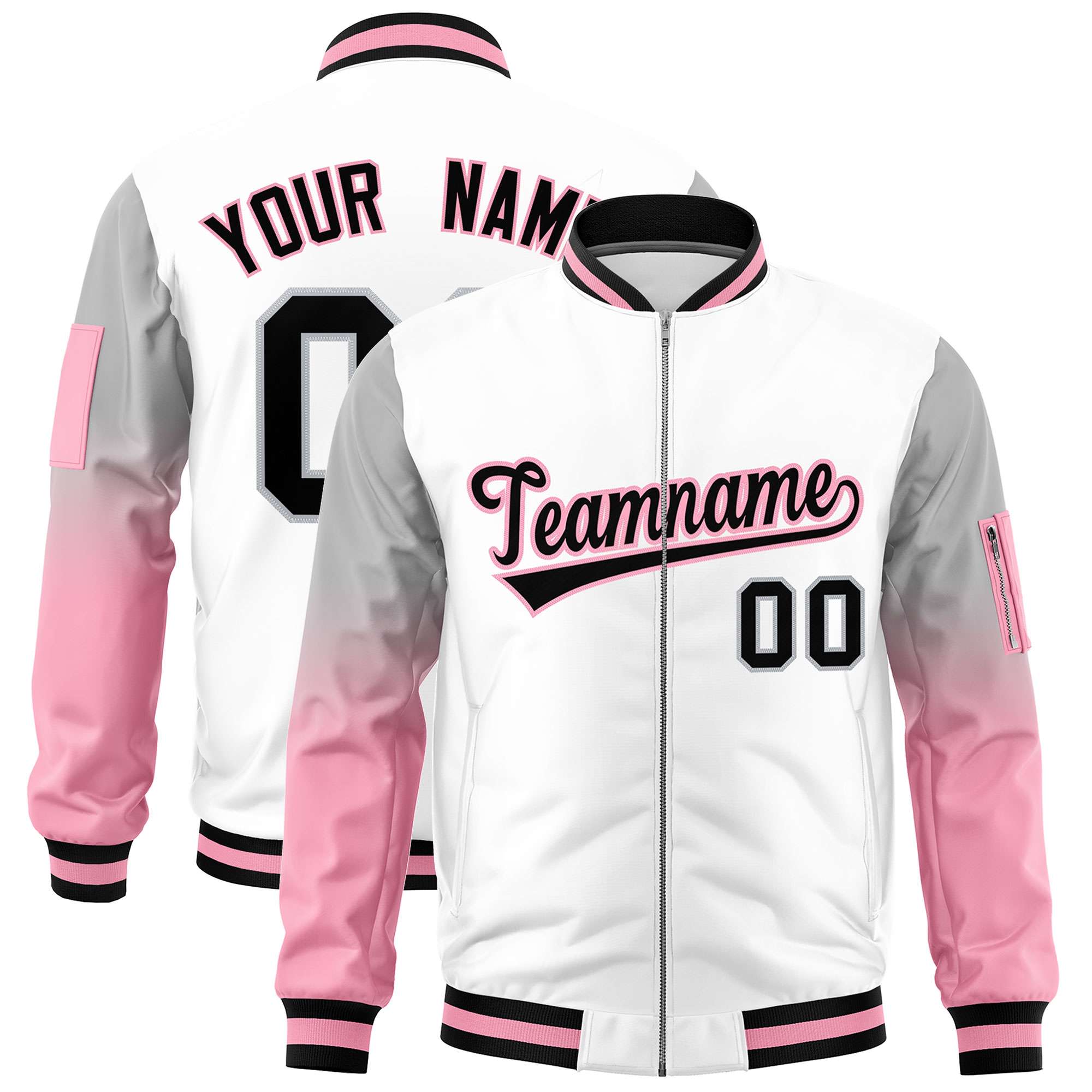 Custom White Silver-Light Pink Gaglan Sleeve Gradient Varsity Full-Zip Letterman Bomber Jacket