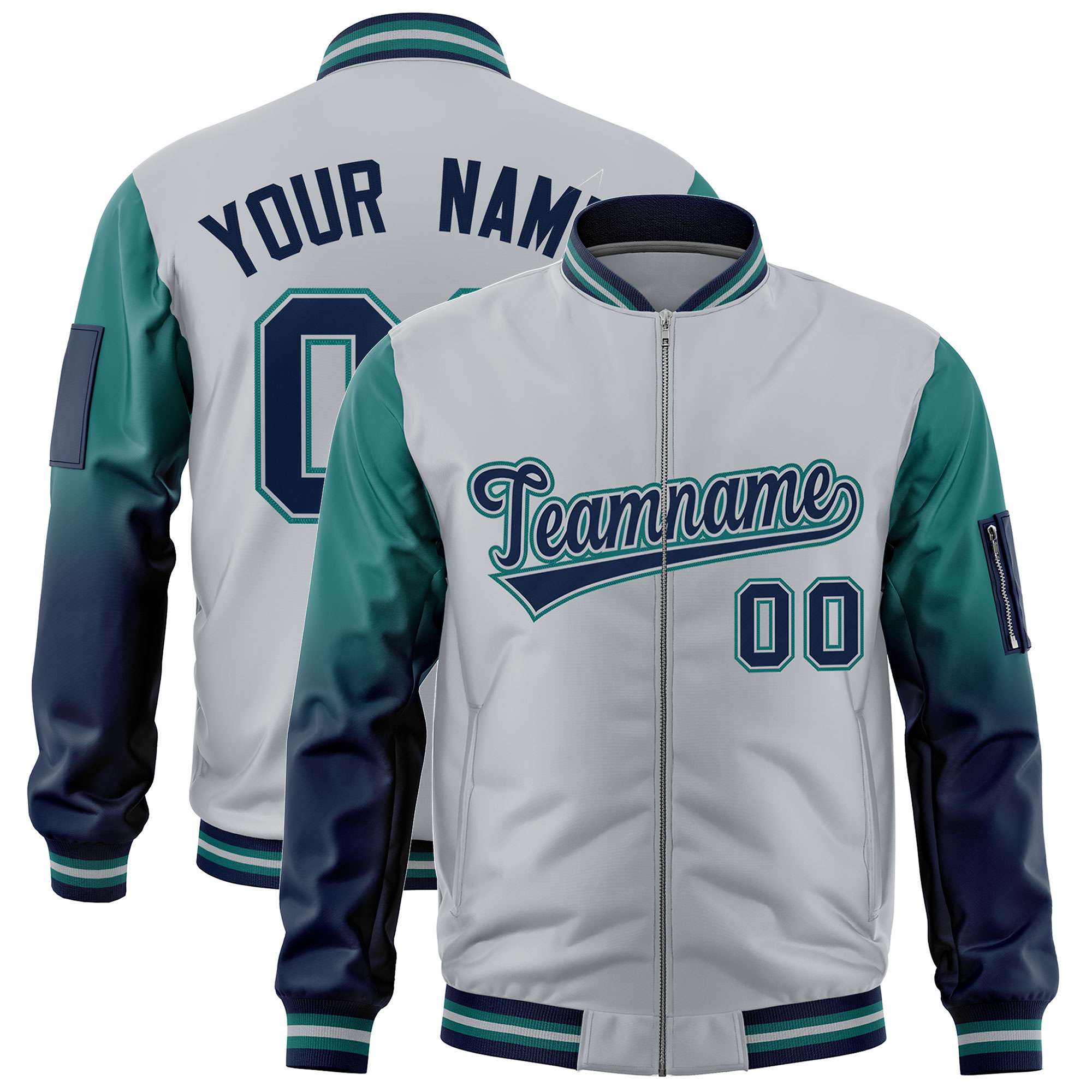 Custom Silver Aqua-Navy Gaglan Sleeve Gradient Varsity Full-Zip Letterman Bomber Jacket