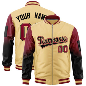 Custom Khaki Crimson-Black Gaglan Sleeve Gradient Varsity Full-Zip Letterman Bomber Jacket