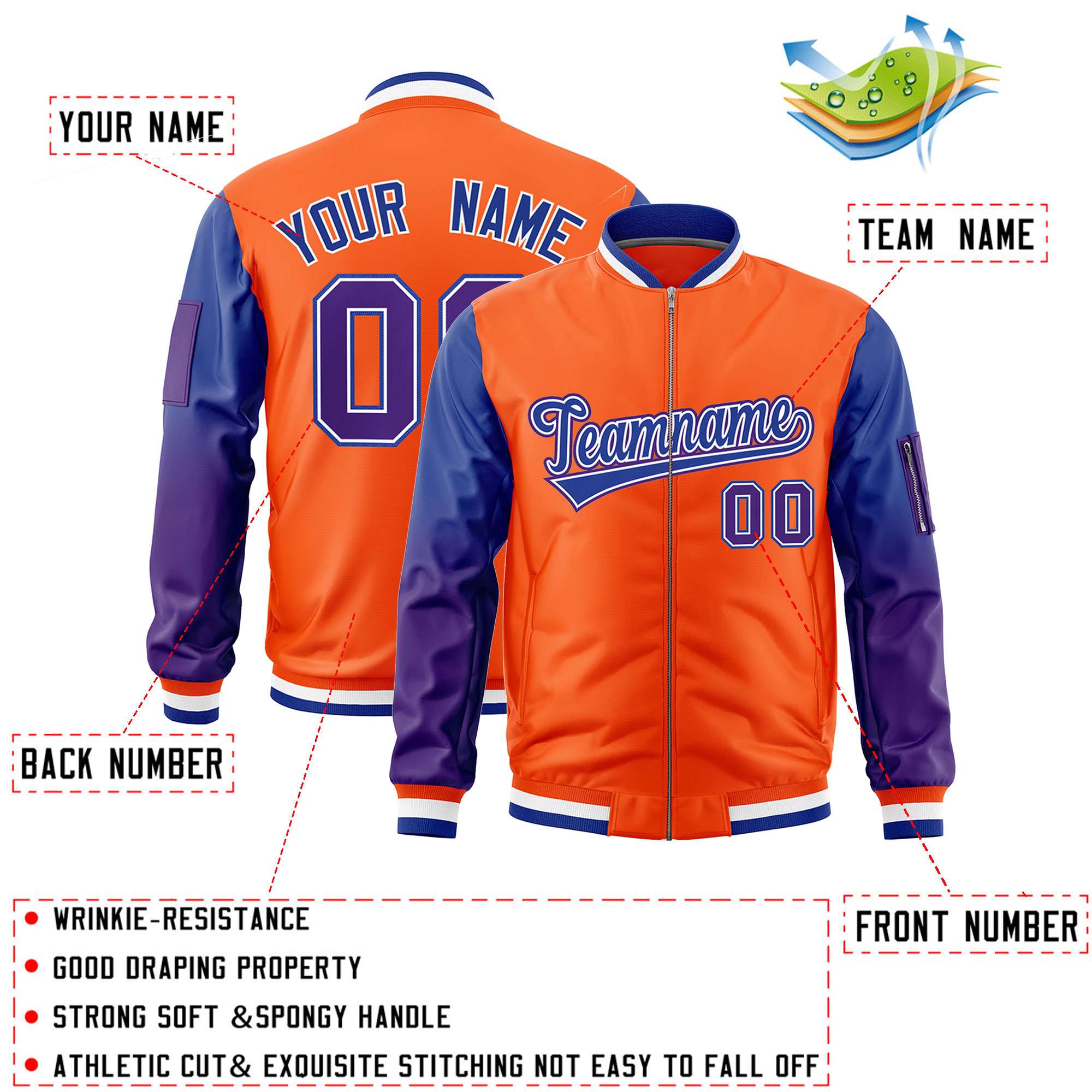 Custom Orange Royal-Purple Gaglan Sleeve Gradient Varsity Full-Zip Letterman Bomber Jacket