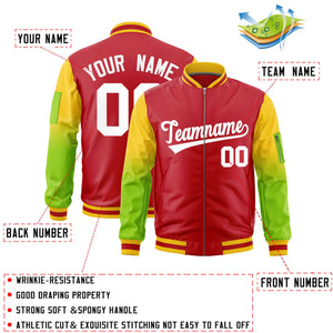 Custom Red Gold-Neon Green Gaglan Sleeve Gradient Varsity Full-Zip Letterman Bomber Jacket