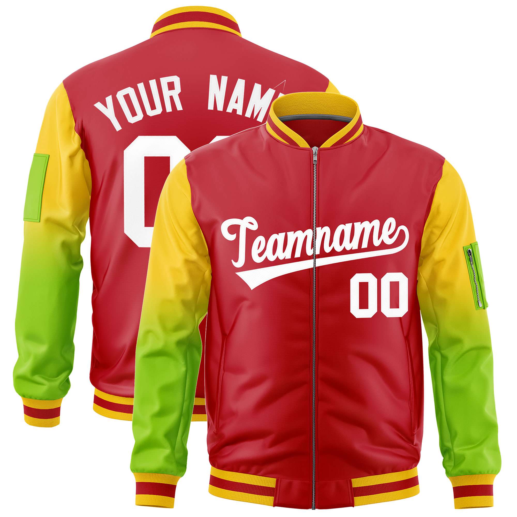 Custom Red Gold-Neon Green Gaglan Sleeve Gradient Varsity Full-Zip Letterman Bomber Jacket