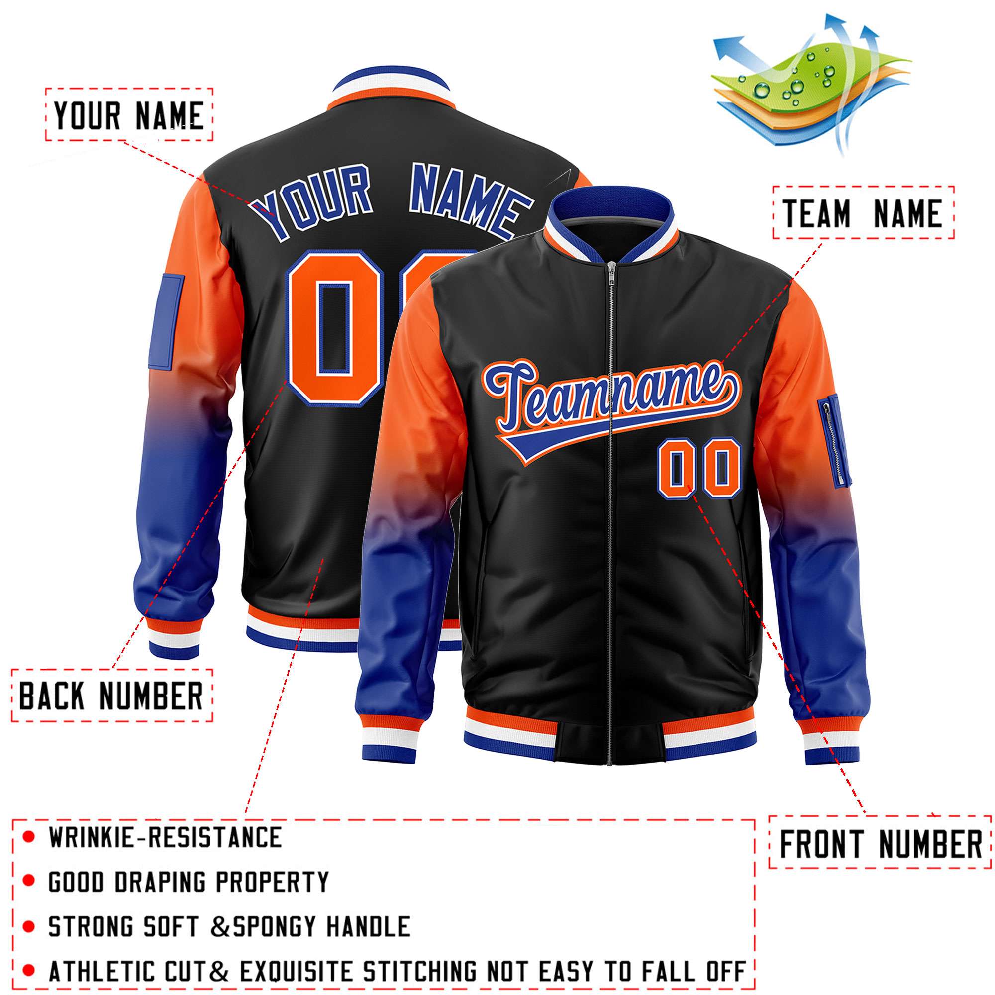 Custom Black Orange-Royal Gaglan Sleeve Gradient Varsity Full-Zip Letterman Bomber Jacket