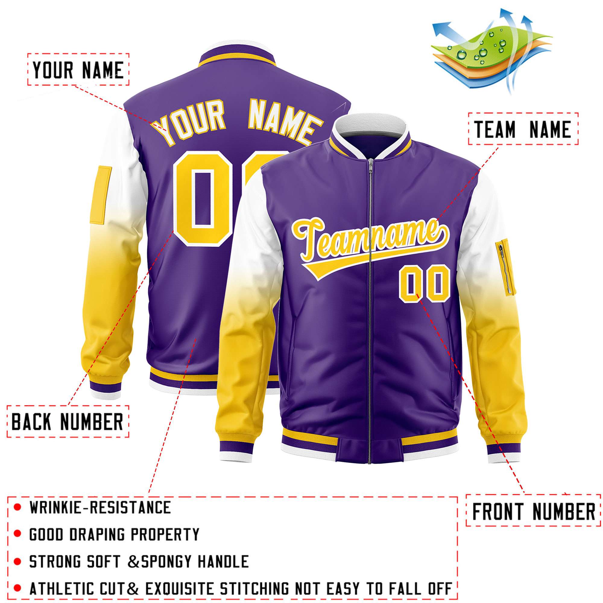 Custom Purple White-Gold Gaglan Sleeve Gradient Varsity Full-Zip Letterman Bomber Jacket