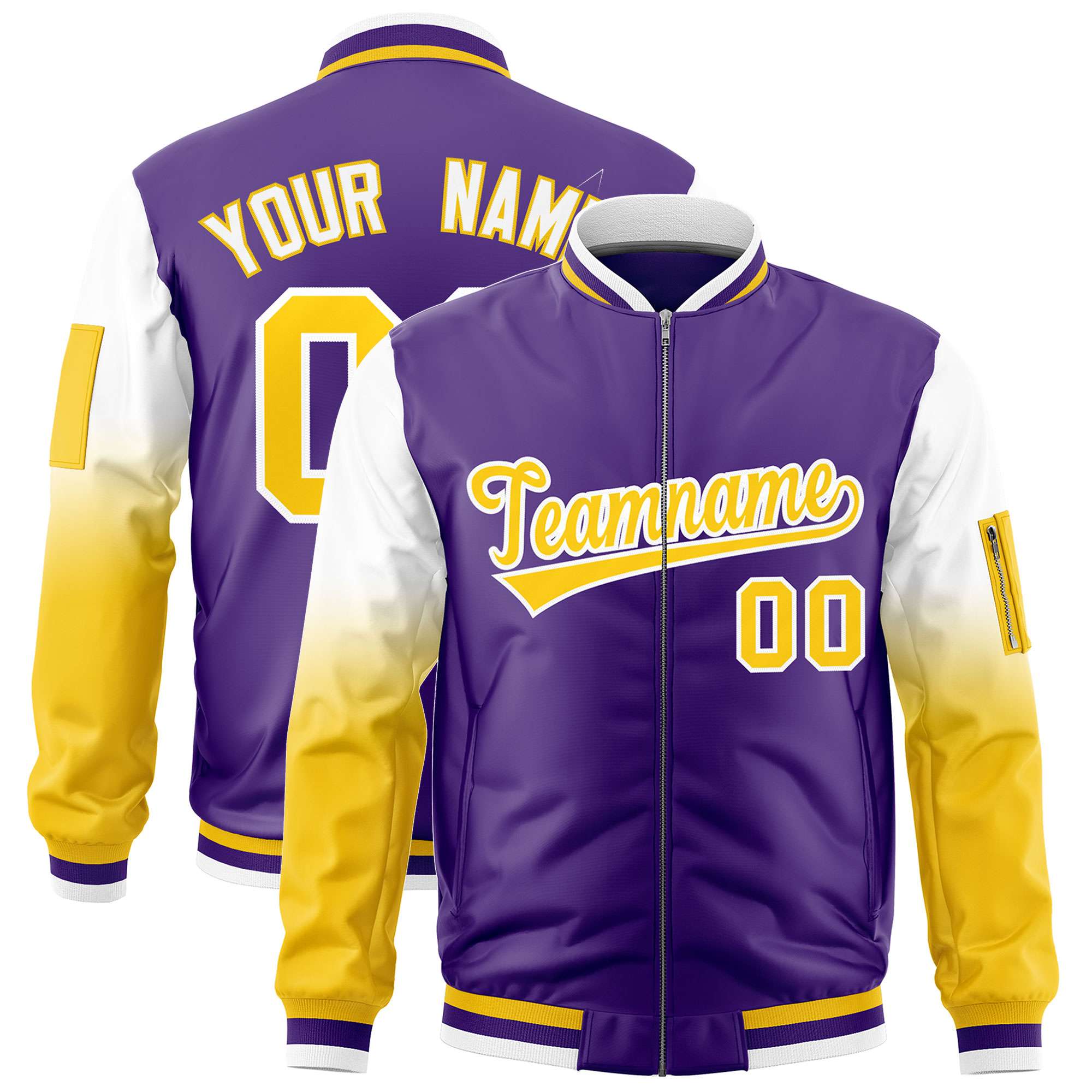 Custom Purple White-Gold Gaglan Sleeve Gradient Varsity Full-Zip Letterman Bomber Jacket