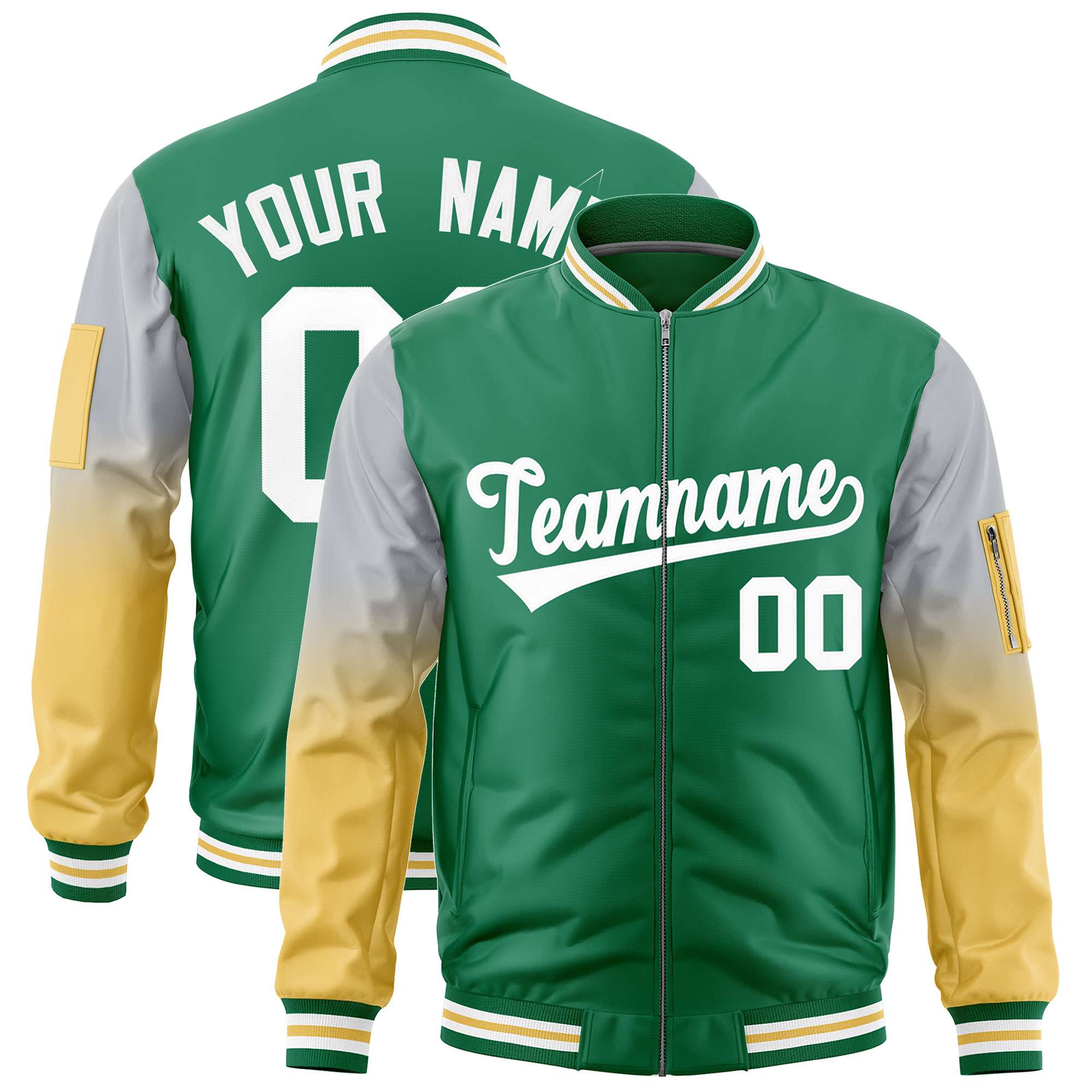 Custom Kelly Green Silver-Old Gold Gaglan Sleeve Gradient Varsity Full-Zip Letterman Bomber Jacket