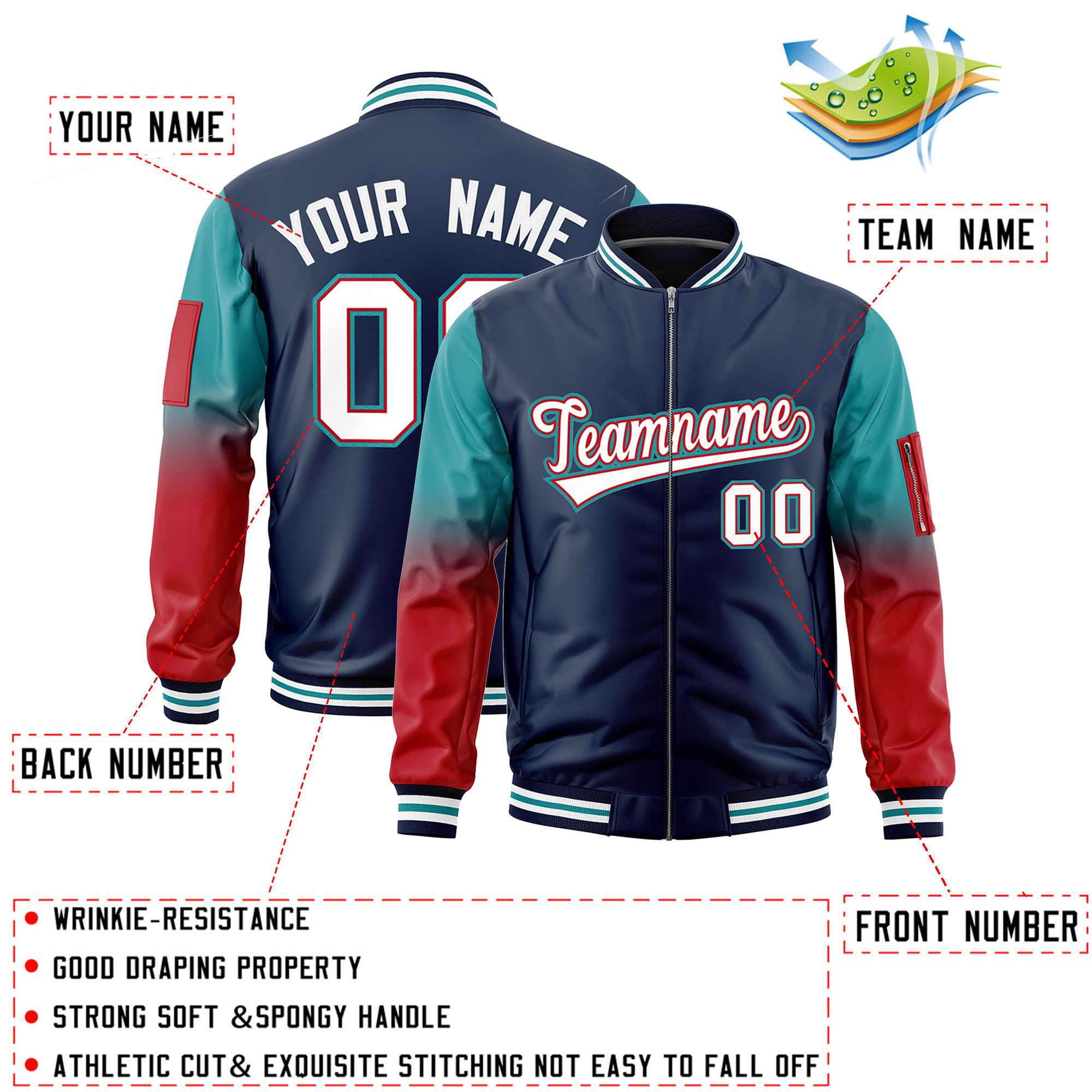 Custom Navy Aqua-Red Gaglan Sleeve Gradient Varsity Full-Zip Letterman Bomber Jacket