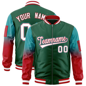 Custom Green Aqua-Red Gaglan Sleeve Gradient Varsity Full-Zip Letterman Bomber Jacket