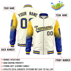 Custom Cream Gold-Royal Gaglan Sleeve Gradient Varsity Full-Zip Letterman Bomber Jacket