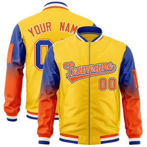 Custom Gold Royal-Orange Gaglan Sleeve Gradient Varsity Full-Zip Letterman Bomber Jacket