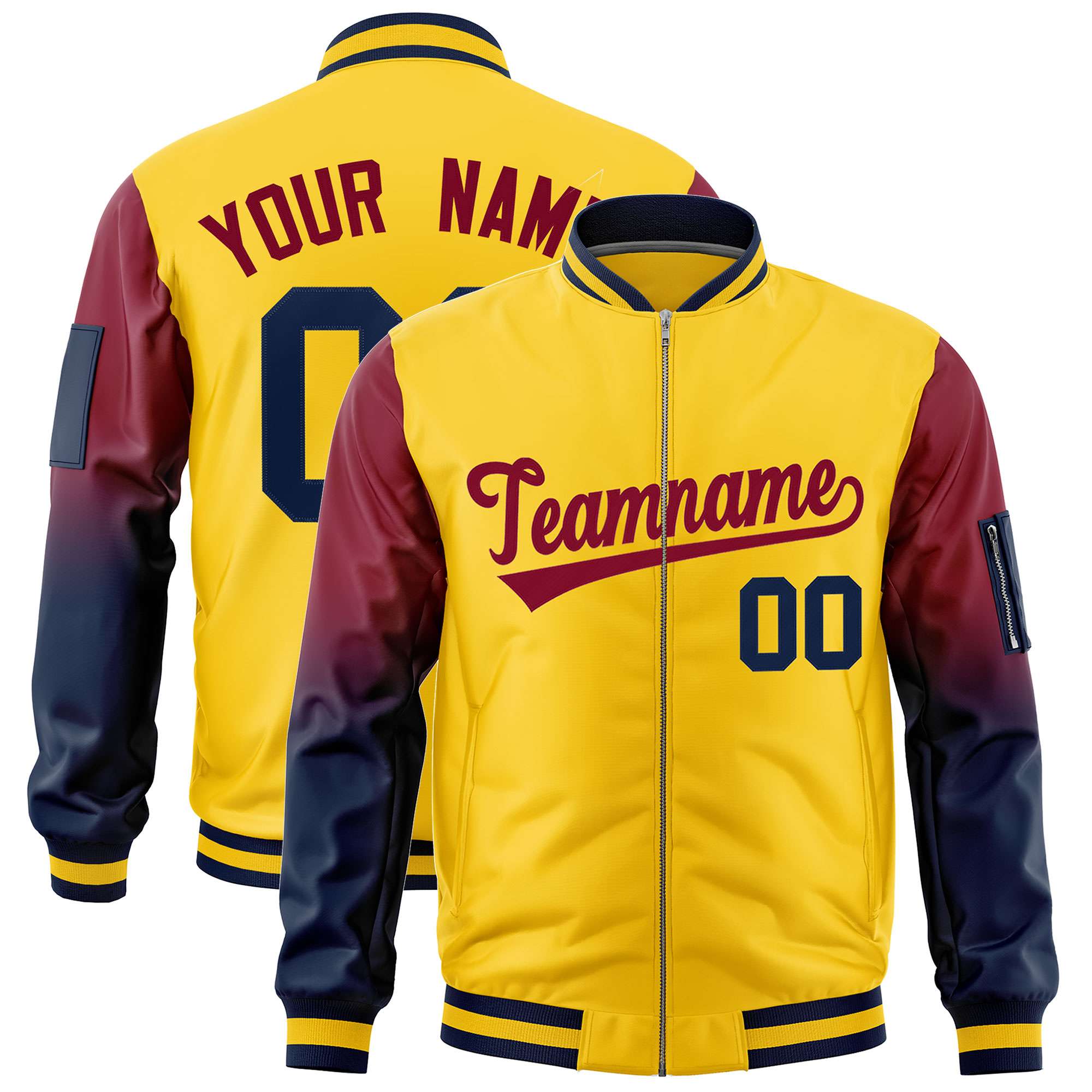 Custom Gold Crimson-Navy Gaglan Sleeve Gradient Varsity Full-Zip Letterman Bomber Jacket