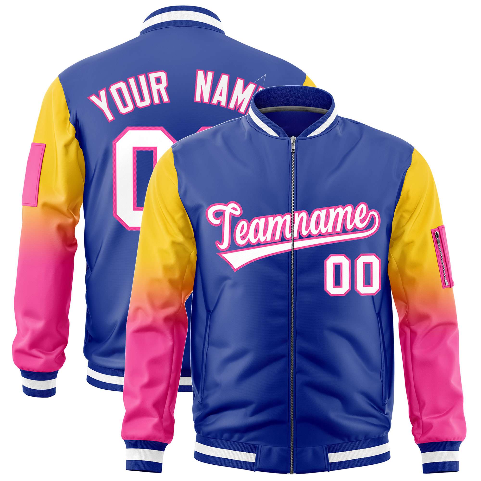 Custom Royal Gold-Pink Gaglan Sleeve Gradient Varsity Full-Zip Letterman Bomber Jacket