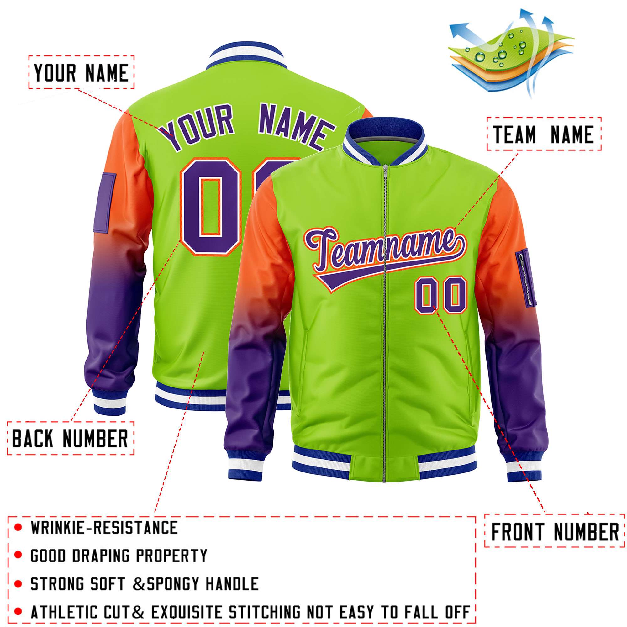 Custom Neon Green Orange-Purple Gaglan Sleeve Gradient Varsity Full-Zip Letterman Bomber Jacket