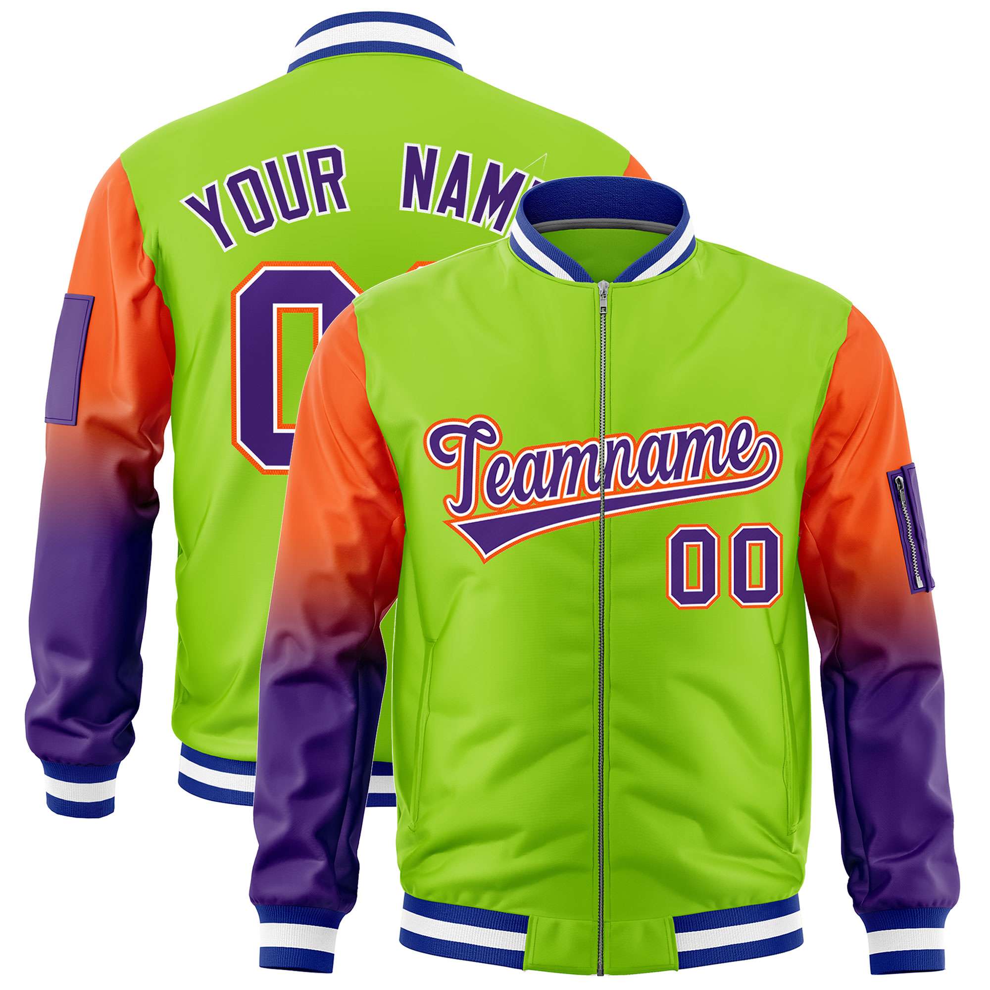 Custom Neon Green Orange-Purple Gaglan Sleeve Gradient Varsity Full-Zip Letterman Bomber Jacket