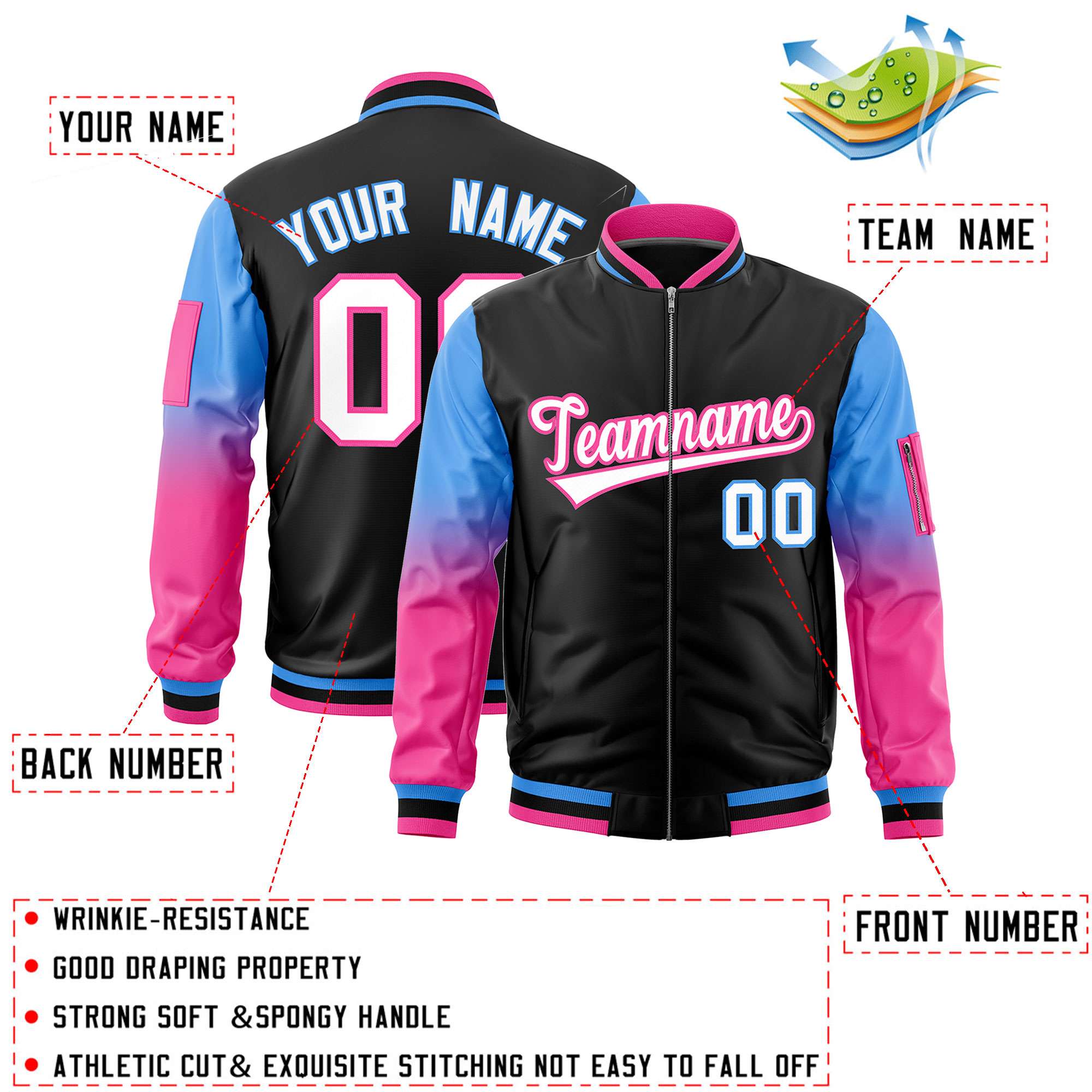 Custom Black Powder Blue-Pink Gaglan Sleeve Gradient Varsity Full-Zip Letterman Bomber Jacket