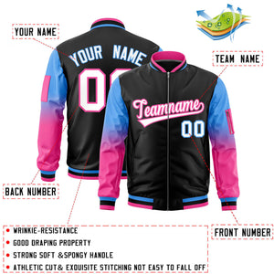 Custom Black Powder Blue-Pink Gaglan Sleeve Gradient Varsity Full-Zip Letterman Bomber Jacket